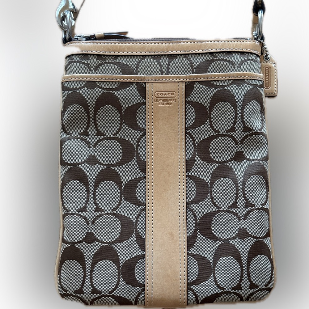 Coach Signature Hampton Crossbody Swingpack Bag Brown Tan Jacquard leather Y2K